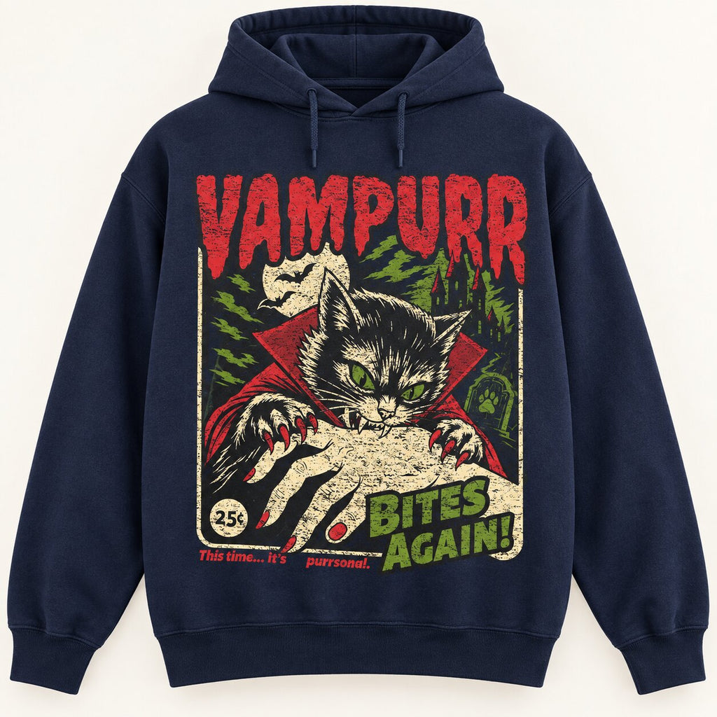Vampurr Vampire Cat Halloween Graphic T-Shirt, Sweatshirt & Hoodie – Funny Retro Horror Bites Again Spooky Cat Design
