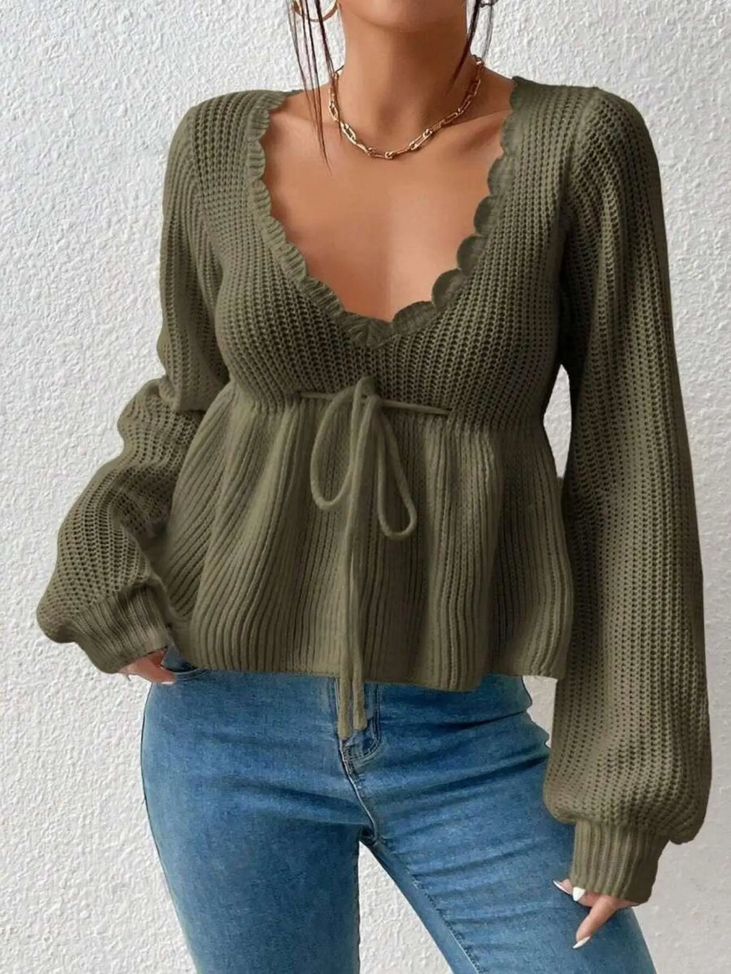 Women’s Deep V-Neck Peplum Knit Sweater – Scallop Trim Tie-Front Top with Bishop Sleeves, Feminine Fall Knitwear