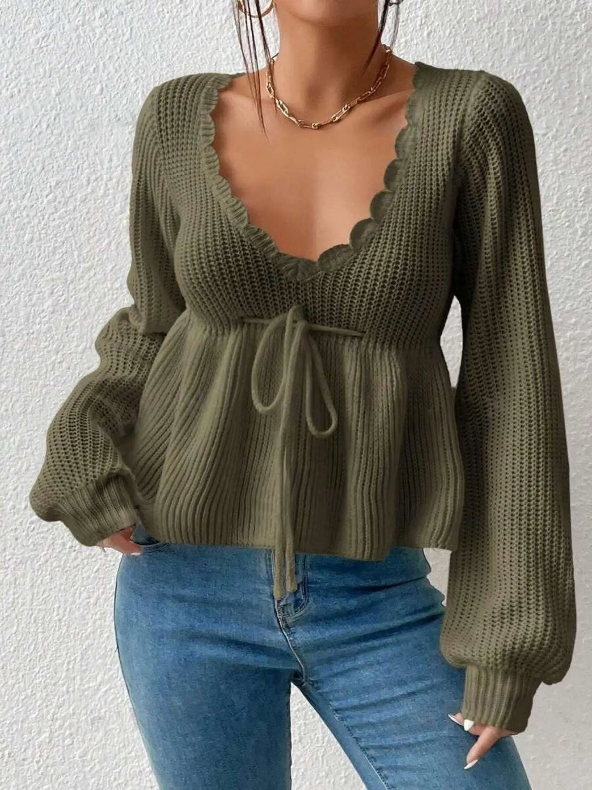 Women’s Deep V-Neck Peplum Knit Sweater – Scallop Trim Tie-Front Top with Bishop Sleeves, Feminine Fall Knitwear