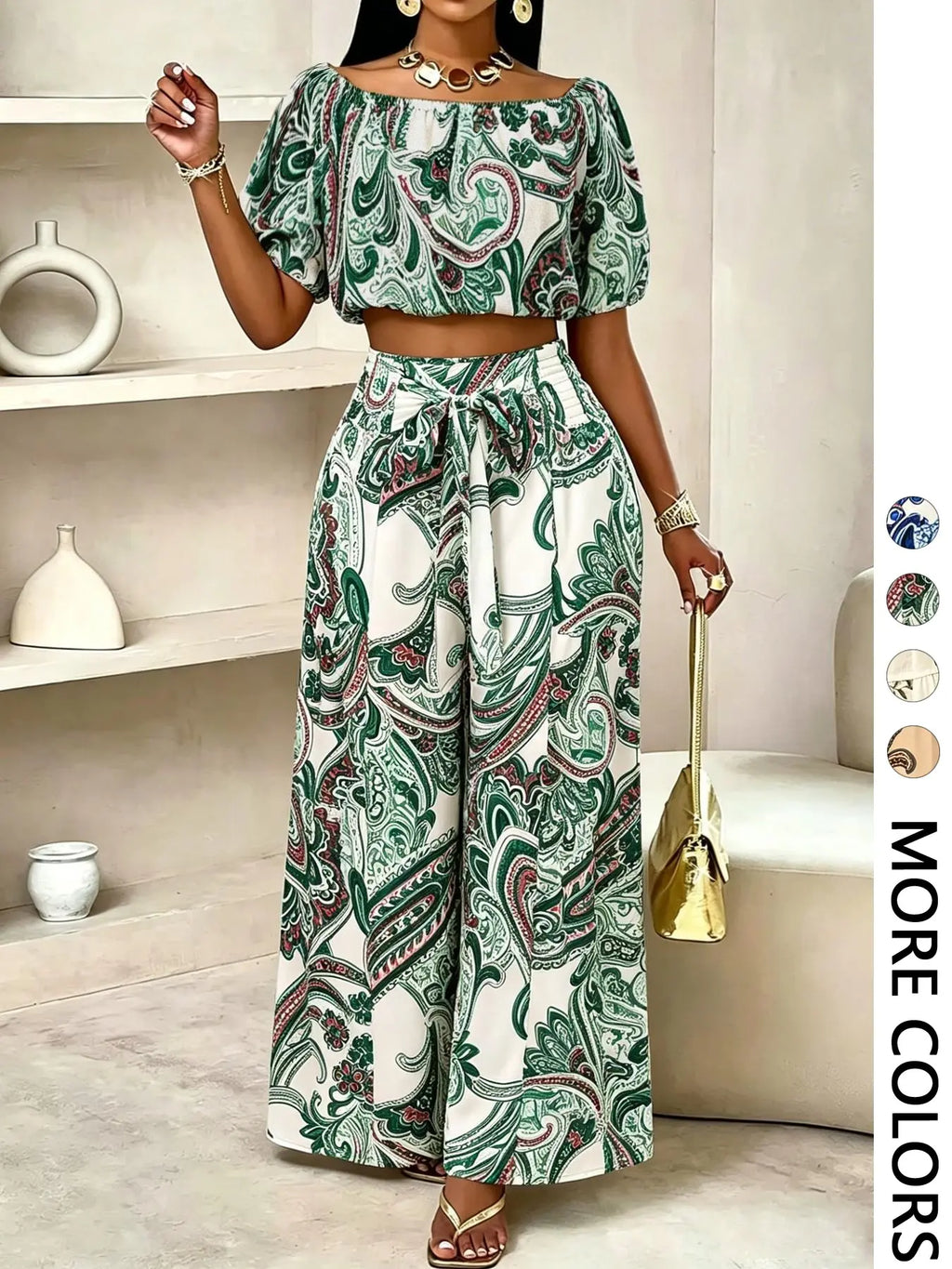 Women's Paisley Print Boho Two Piece Set – Off Shoulder Bubble Sleeve Top & High Waist Wide Leg Pants, Vacation Resort Outfit