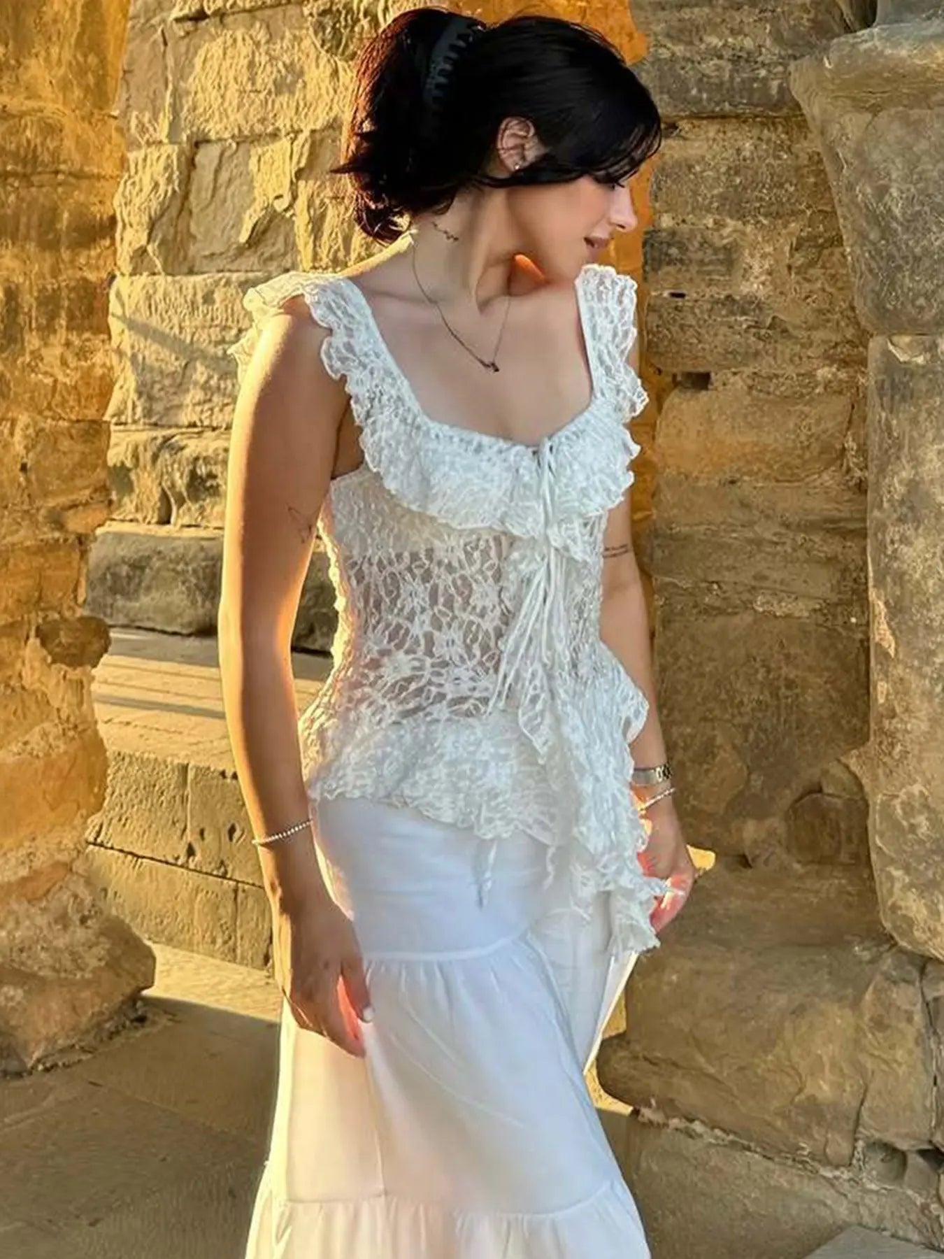 Women's Sheer Floral Lace Corset Top – Off-Shoulder Tie-Front Ruffle Blouse, Boho Vacation Going Out Top