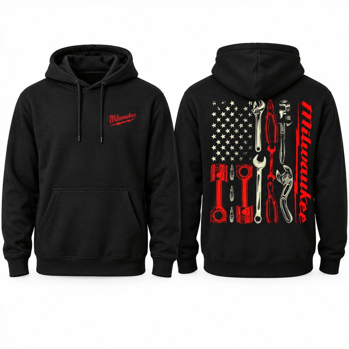 Milwaukee Tools Mechanic American Flag Graphic T-Shirt, Sweatshirt & Hoodie – Vintage Workwear Tool Design