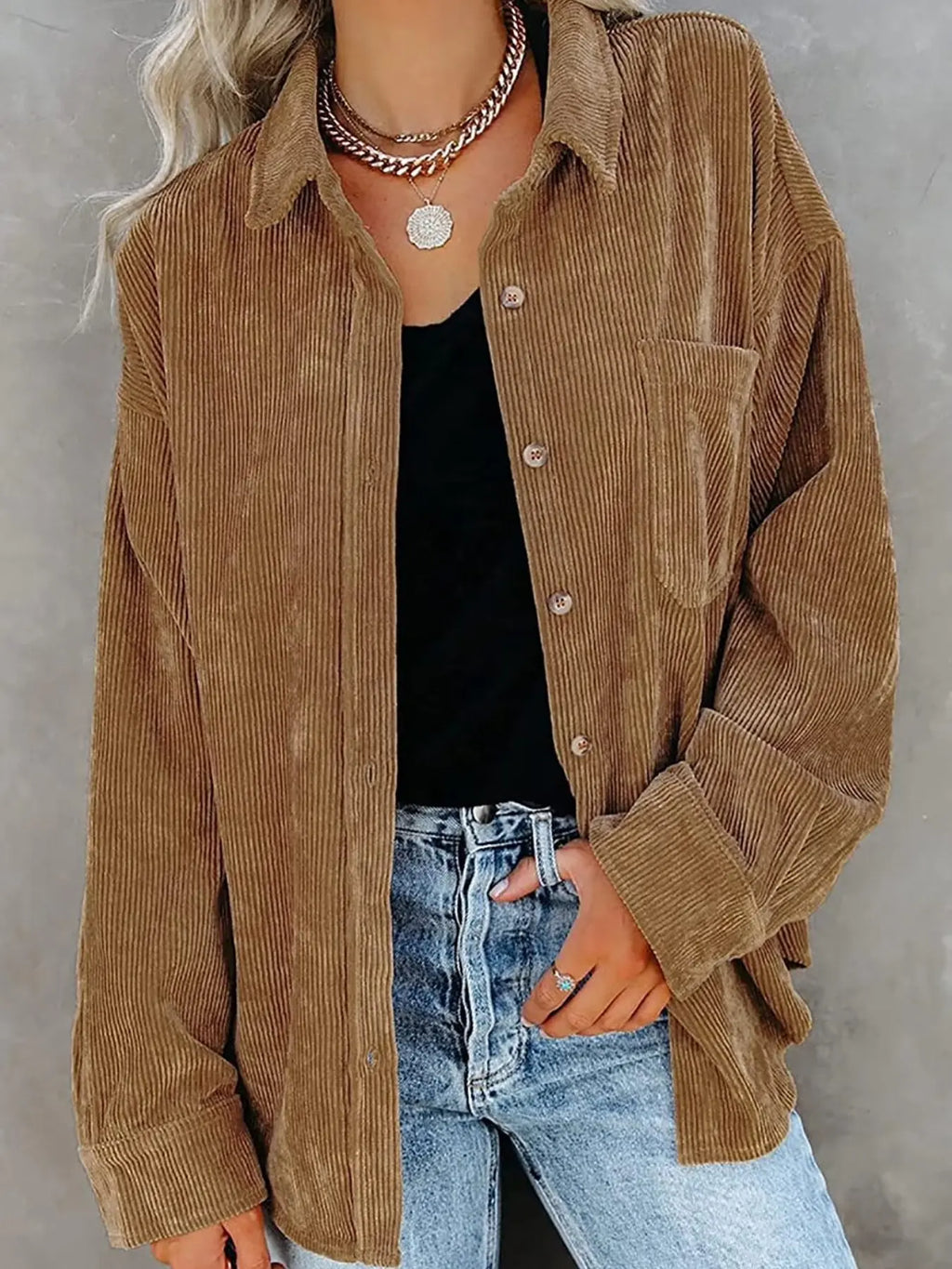 Women’s Oversized Corduroy Button-Down Shirt – Casual Long Sleeve Pocket Shacket with Drop Shoulder