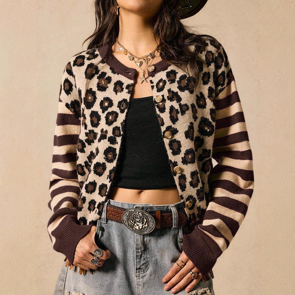 Women's Leopard Print Striped Knit Cardigan – Retro Western Button Front Long Sleeve Sweater
