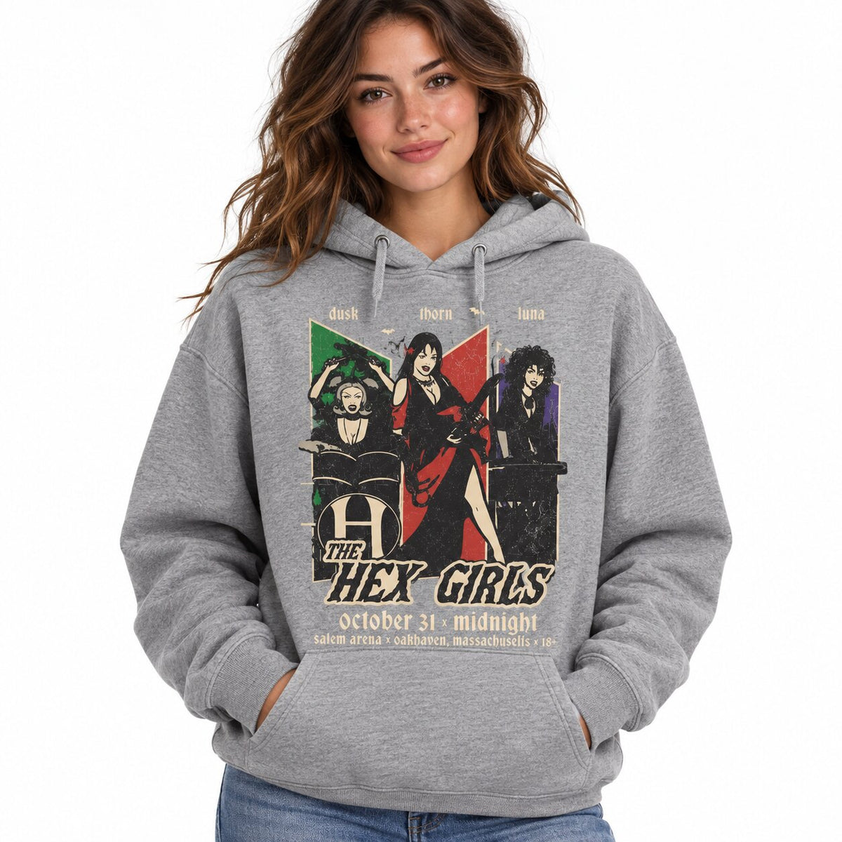The Hex Girls Gothic Halloween Graphic T-Shirt, Sweatshirt & Hoodie – Retro Witchy Band Concert Style Apparel