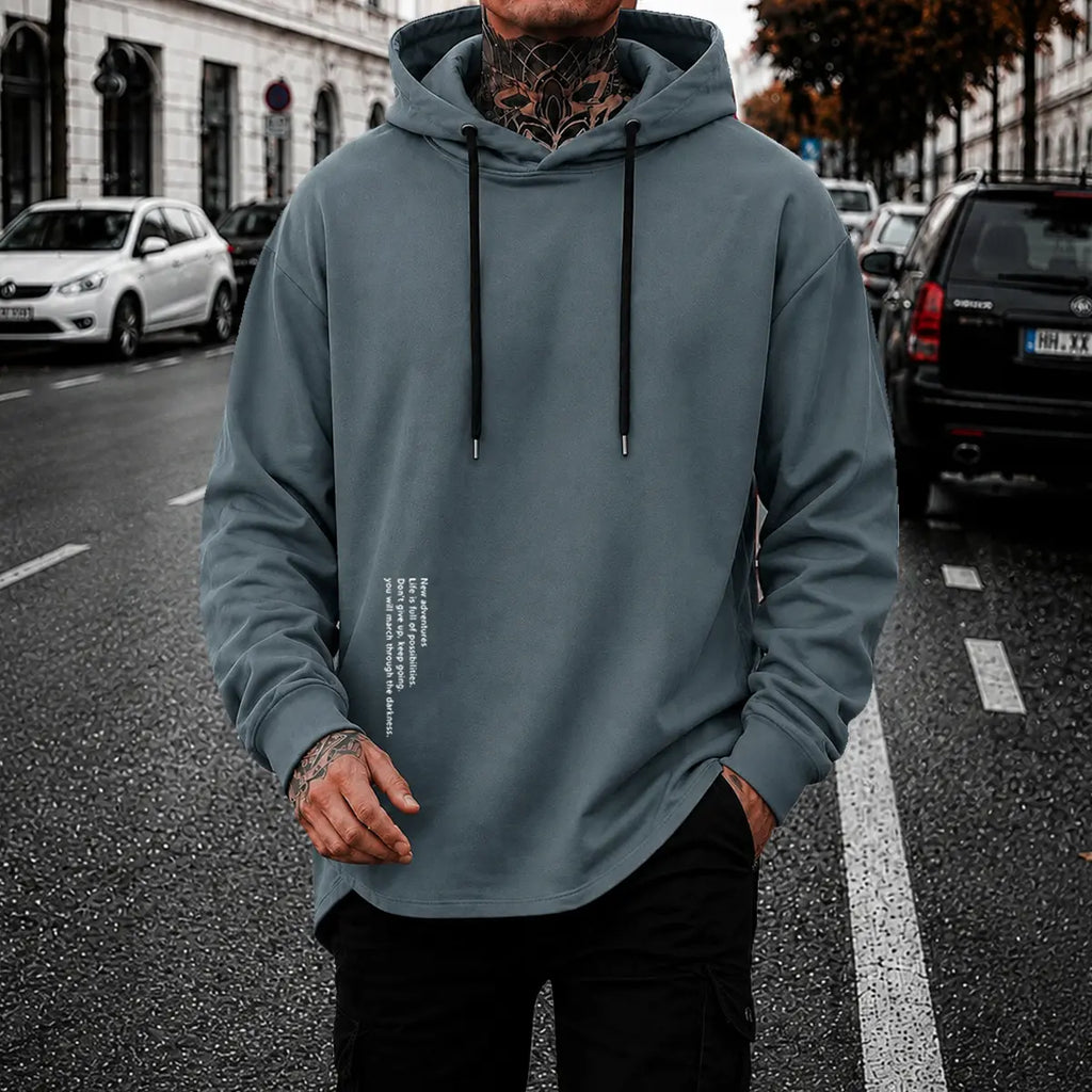 Men’s Minimalist Pullover Hoodie – Casual Letter Graphic Drawstring Sweatshirt, Relaxed Fit Streetwear Top for Everyday Wear