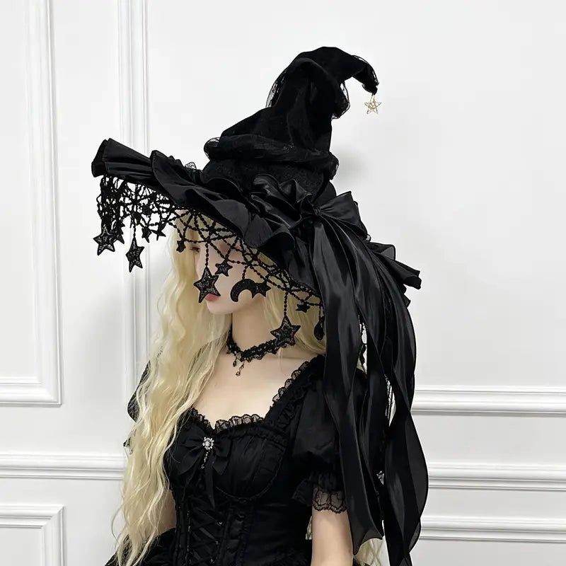 Women’s Gothic Witch Hat with Tulle & Long Satin Ribbon Bow – Star & Moon Charm Ruffle Brim Halloween Costume Hat