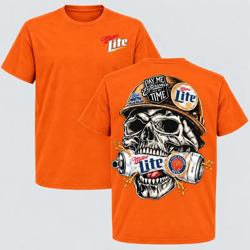 Miller Lite Skull Blue Collar Graphic T-Shirt, Sweatshirt & Hoodie – Beer Lover Workwear & Tradesman Graphic Apparel