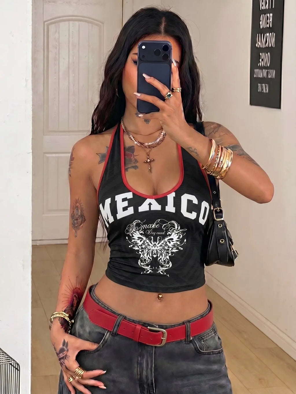 Mexico Butterfly Halter Crop Top – Y2K Mexican Pride Graphic Tank, Retro Slim Fit Summer Streetwear