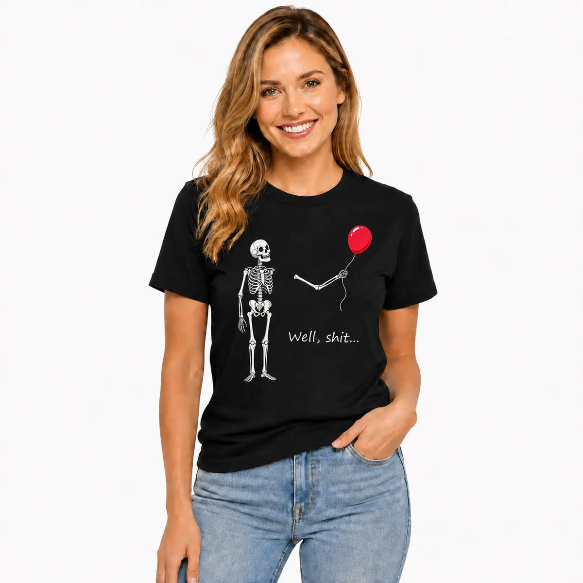 Well Shit Skeleton Balloon T-Shirt, Sweatshirt & Hoodie – Funny Dark Humor Skeleton Graphic, Red Balloon Halloween Design, Sarcastic Spooky Gift