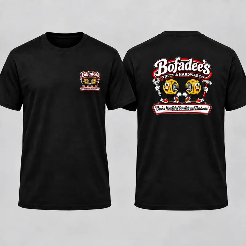 Bofadee’s Nuts & Hardware Double-Sided Graphic T-Shirt, Sweatshirt & Hoodie – Funny Mechanic & Tool Lover Apparel
