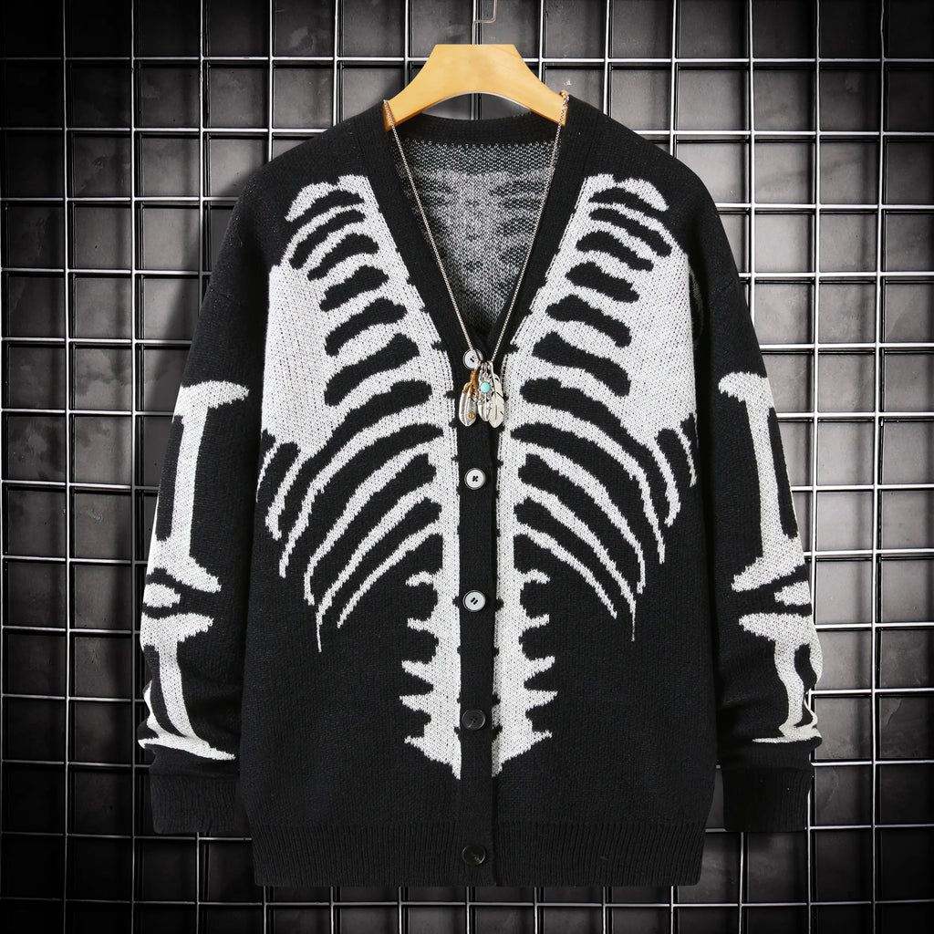 Men’s Skeleton Rib Cage Knit Cardigan – Gothic V-Neck Button-Up Sweater, Oversized Halloween Streetwear