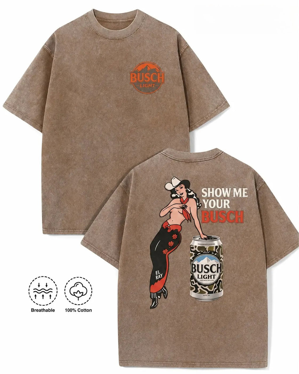 Show Me Your Busch Pin-Up Cowgirl Graphic T-Shirt, Sweatshirt & Hoodie – Funny Western Beer Drinking Retro Design