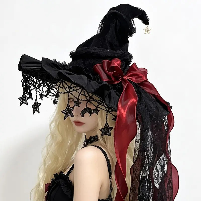Women’s Gothic Witch Hat with Tulle & Long Satin Ribbon Bow – Star & Moon Charm Ruffle Brim Halloween Costume Hat