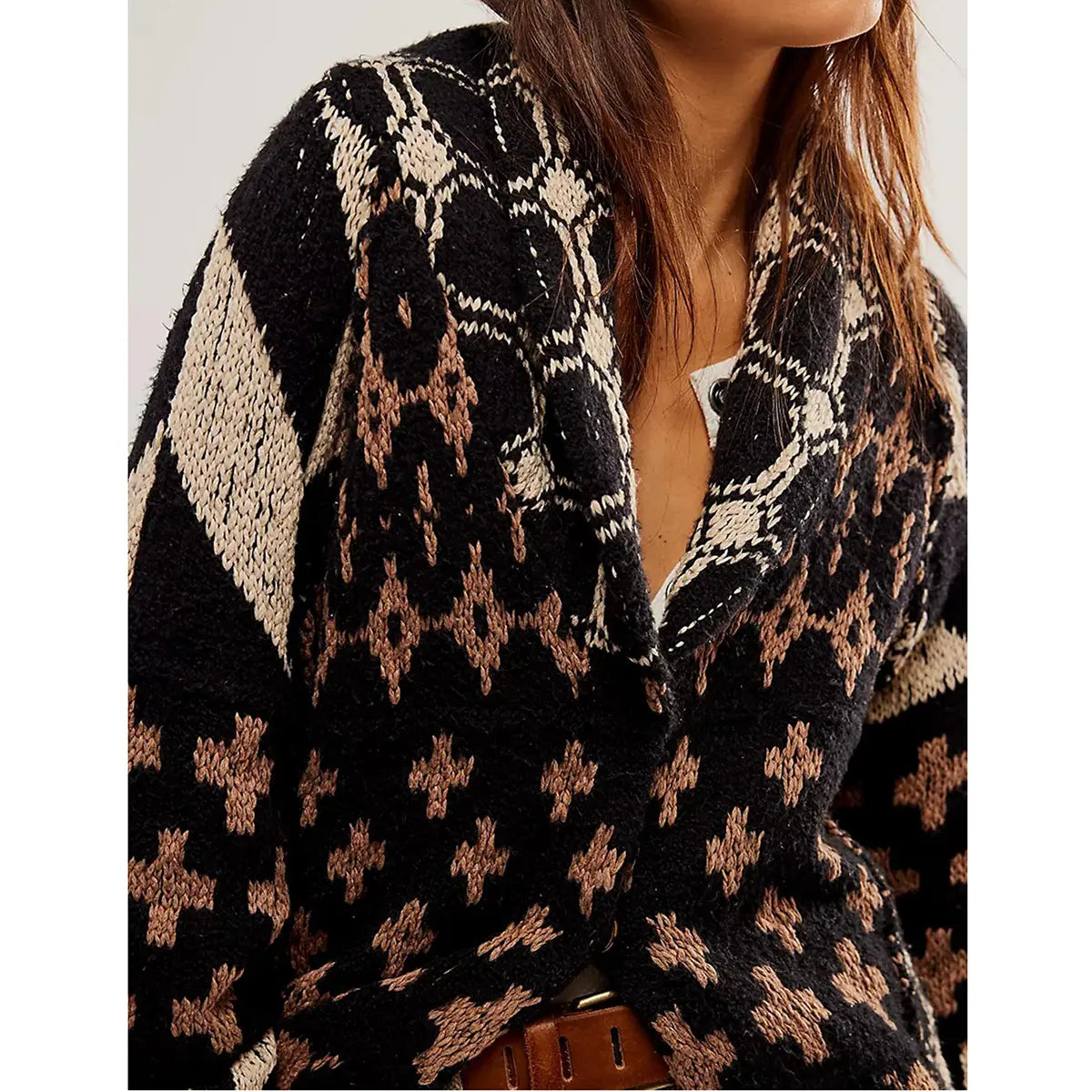Unisex Oversized Patterned Knit Cardigan – Vintage Boho Button-Front Sweater, Relaxed Long Sleeve Casual Fall Streetwear