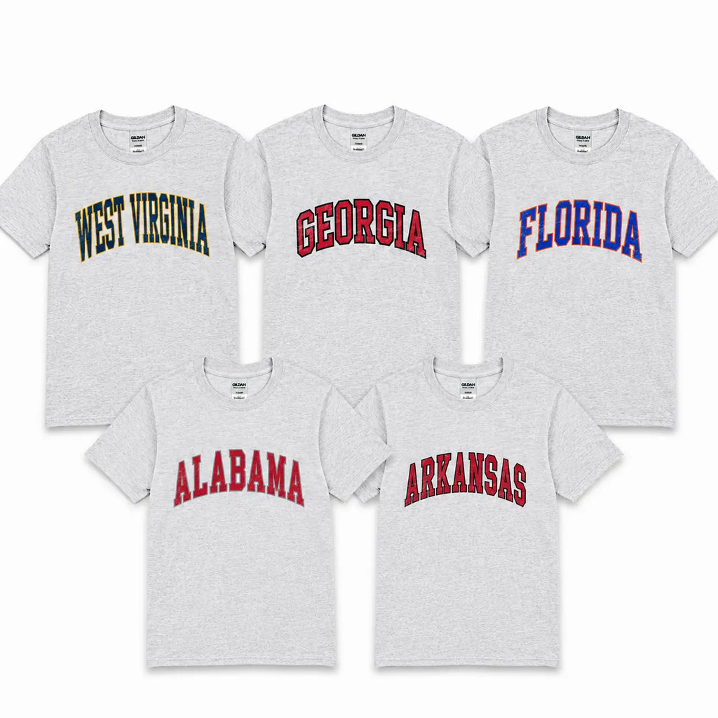 Custom Team Varsity T-Shirt, Sweatshirt & Hoodie – Personalized College Style Graphic, State & Team Name Shirt