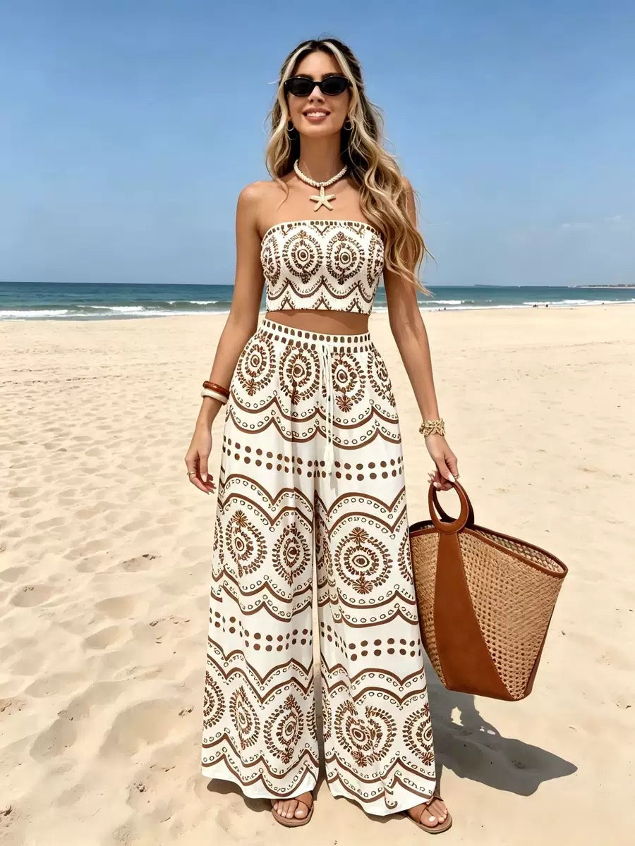 Women's Mediterranean Blue Porcelain Print Two Piece Set – Boho Tube Top & Wide Leg Pants, Vacation Resort Outfit
