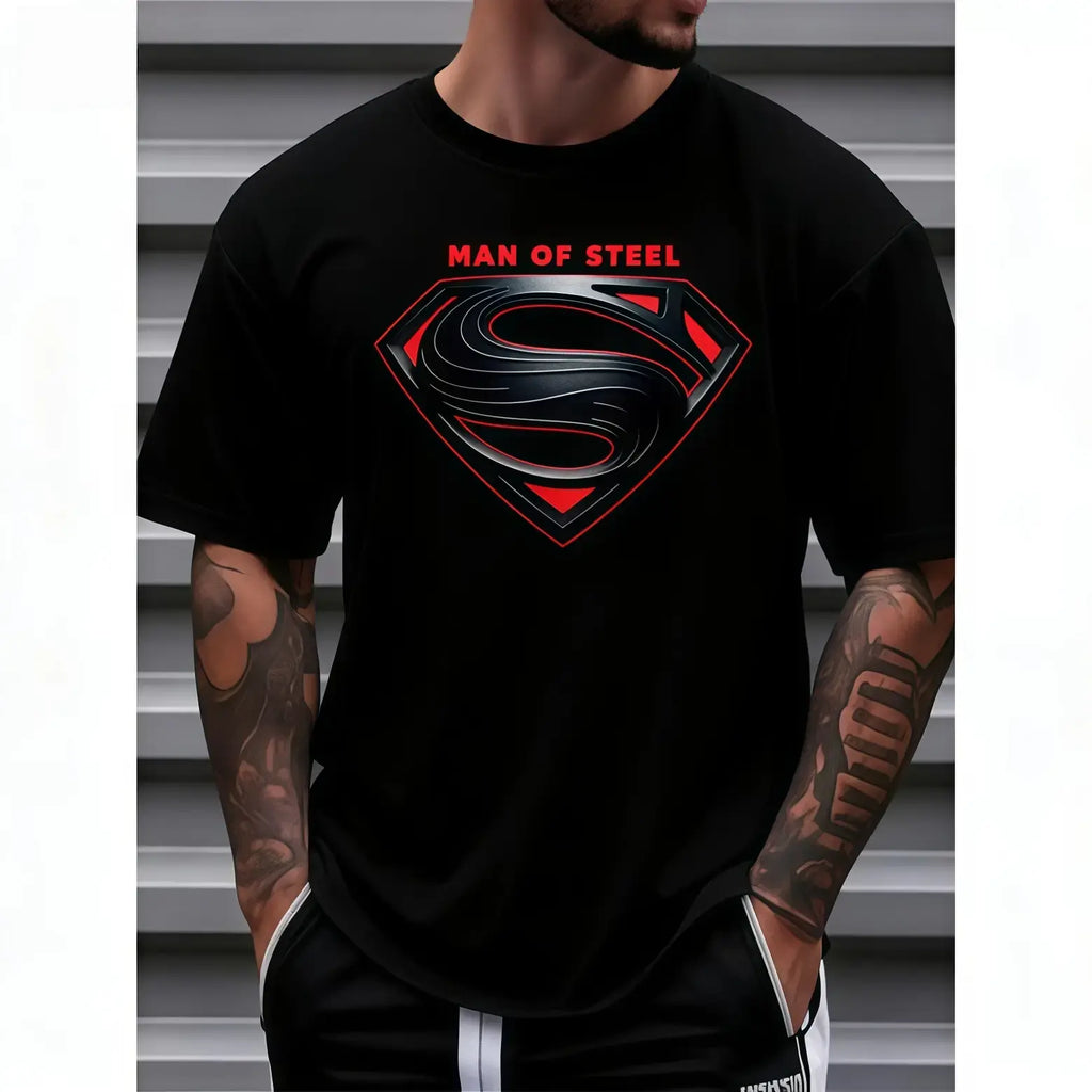 Man of Steel Graphic T-Shirt, Sweatshirt & Hoodie – Superhero Inspired S Shield Print, Retro Comic Streetwear Apparel