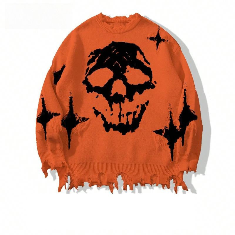 Vintage Distressed Skull Knit Sweater – Gothic Ripped Graphic Pullover, Alternative Streetwear