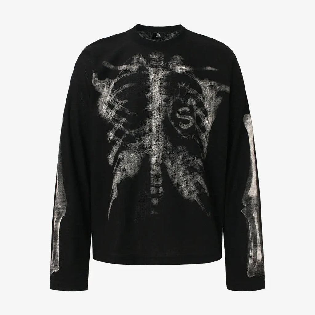 Skeleton X-Ray Graphic Sweatshirt – Rib Cage & Bone Print Long Sleeve Pullover, Gothic Halloween Alternative Streetwear