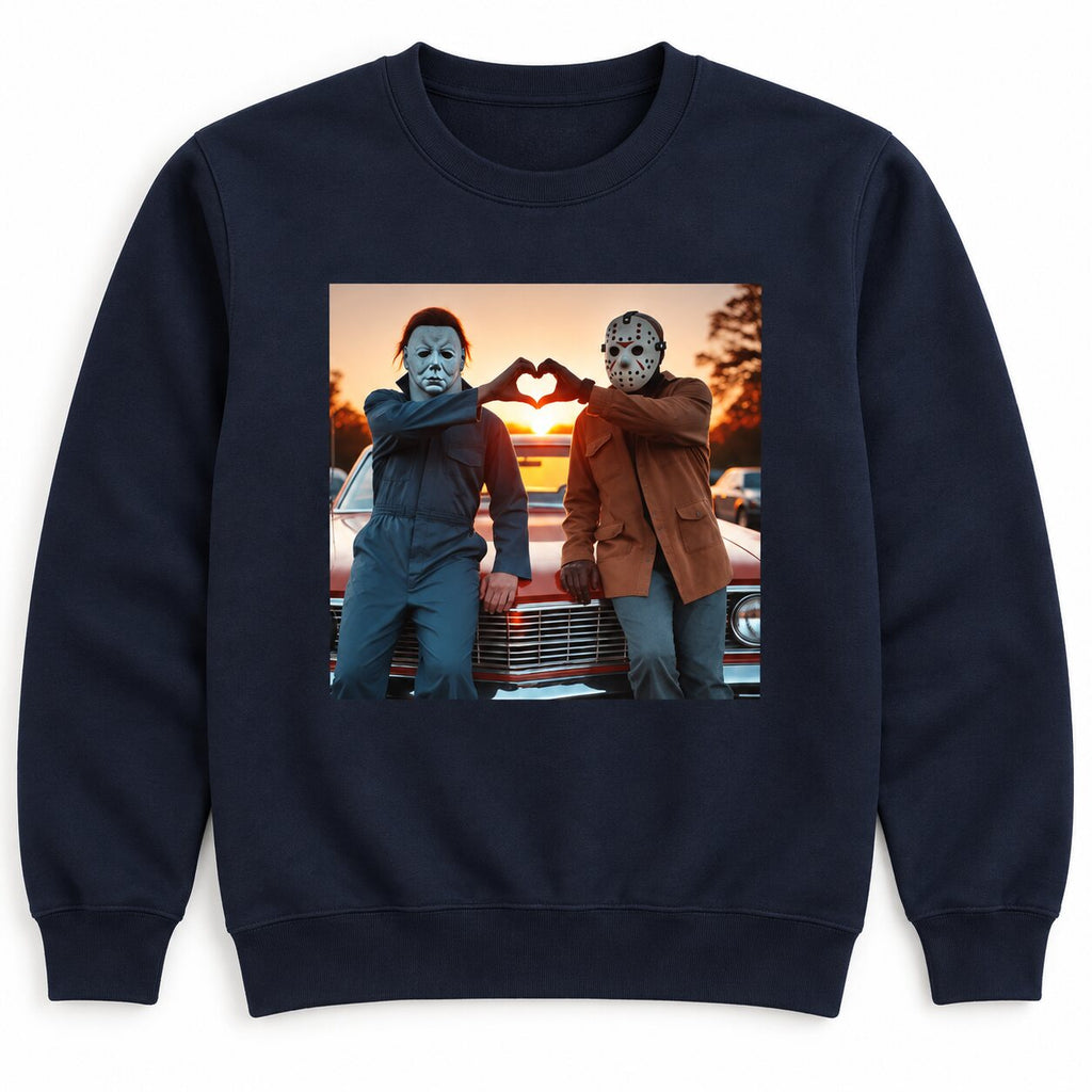Michael Myers & Jason Heart Hands Graphic T-Shirt, Sweatshirt & Hoodie – Funny Halloween Horror Movie Shirt