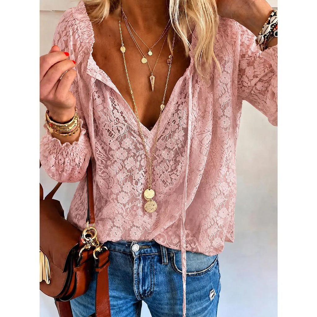 Women's Floral Lace V-Neck Blouse – Sheer Long Sleeve Tie-Front Top, Romantic Boho Casual Style