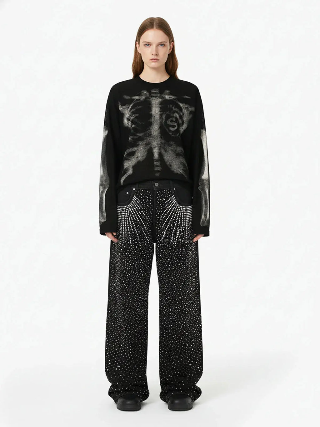 Skeleton X-Ray Graphic Sweatshirt – Rib Cage & Bone Print Long Sleeve Pullover, Gothic Halloween Alternative Streetwear