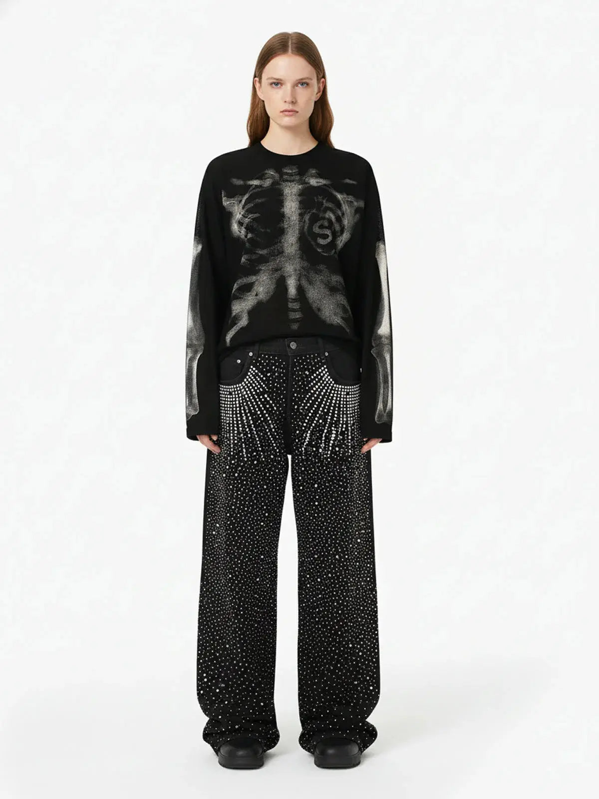 Skeleton X-Ray Graphic Sweatshirt – Rib Cage & Bone Print Long Sleeve Pullover, Gothic Halloween Alternative Streetwear