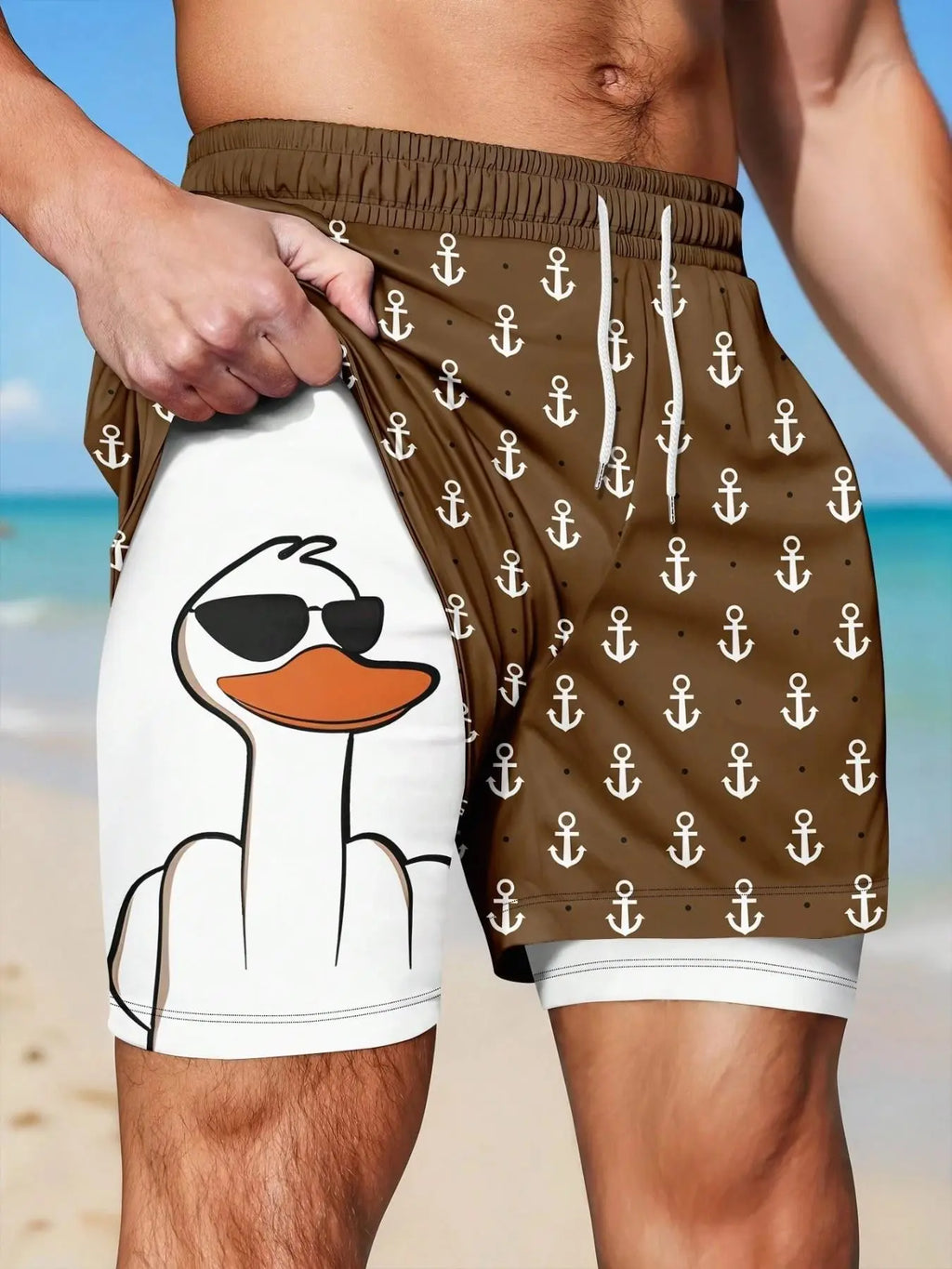 Men's 2-in-1 Funny Duck Swim Shorts – Quick Dry Beach Trunks with Anchor Print, Drawstring Waist for Summer Vacation