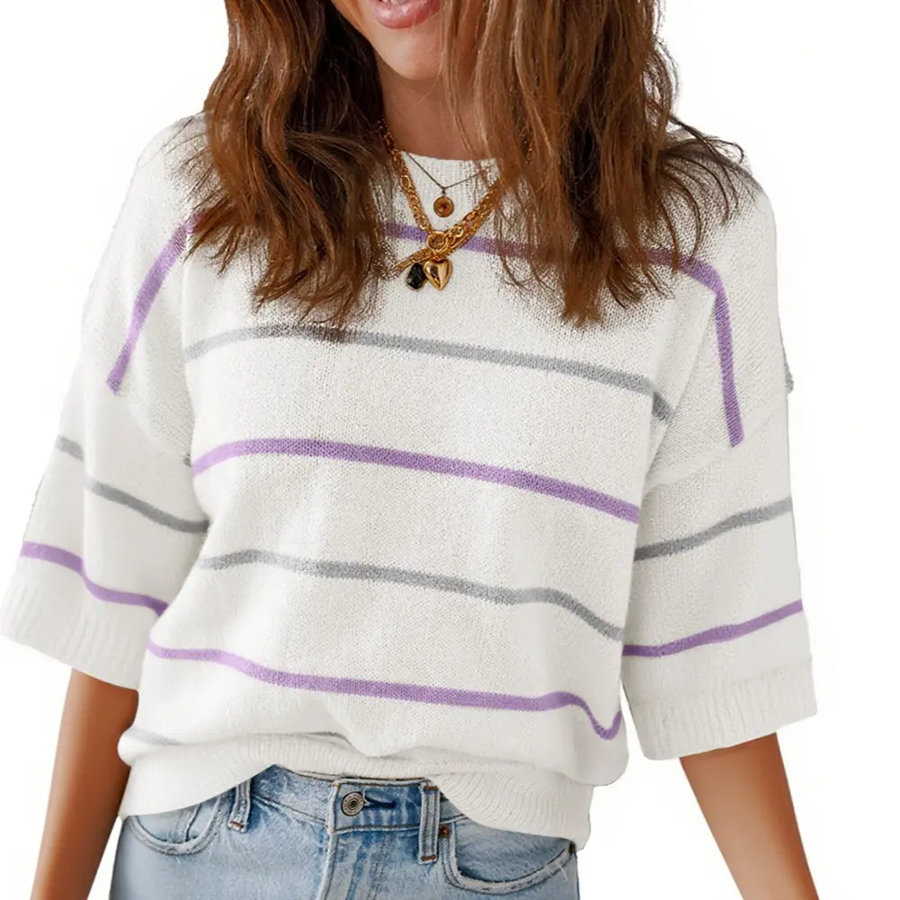 Women's Striped Knit Short Sleeve Sweater – Casual Loose Fit Crew Neck Pullover Top, Lightweight Everyday Wear