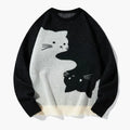 Funny Cat Graphic Knit Sweater – Oversized Crew Neck Pullover, Cute Black & White Cat Pattern Long Sleeve Knitwear, Casual Cozy Fall Winter Streetwear