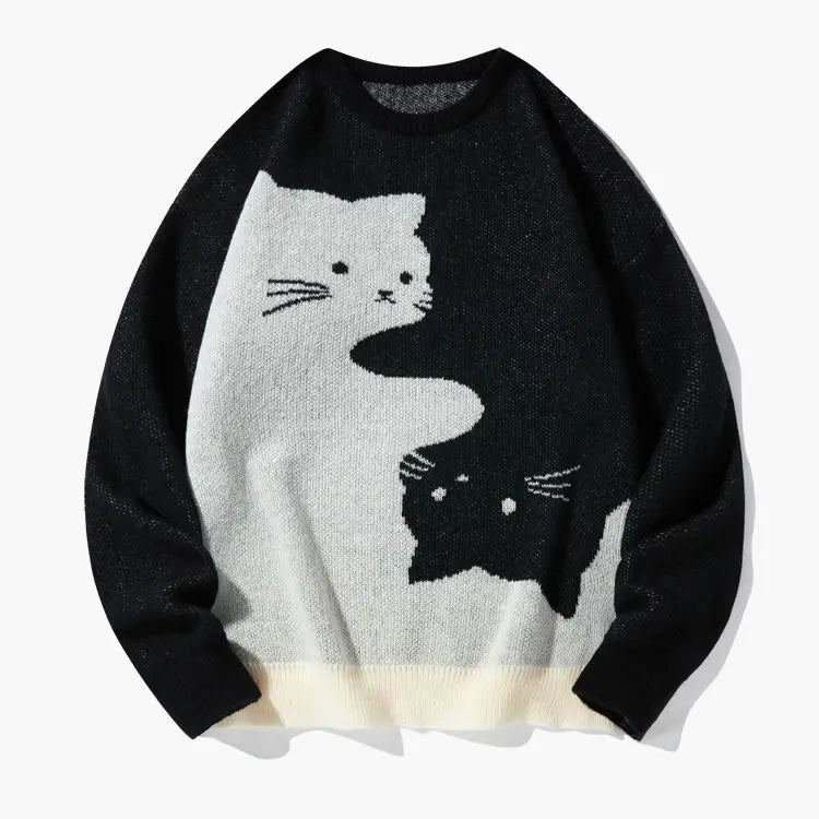 Funny Cat Graphic Knit Sweater – Oversized Crew Neck Pullover, Cute Black & White Cat Pattern Long Sleeve Knitwear, Casual Cozy Fall Winter Streetwear