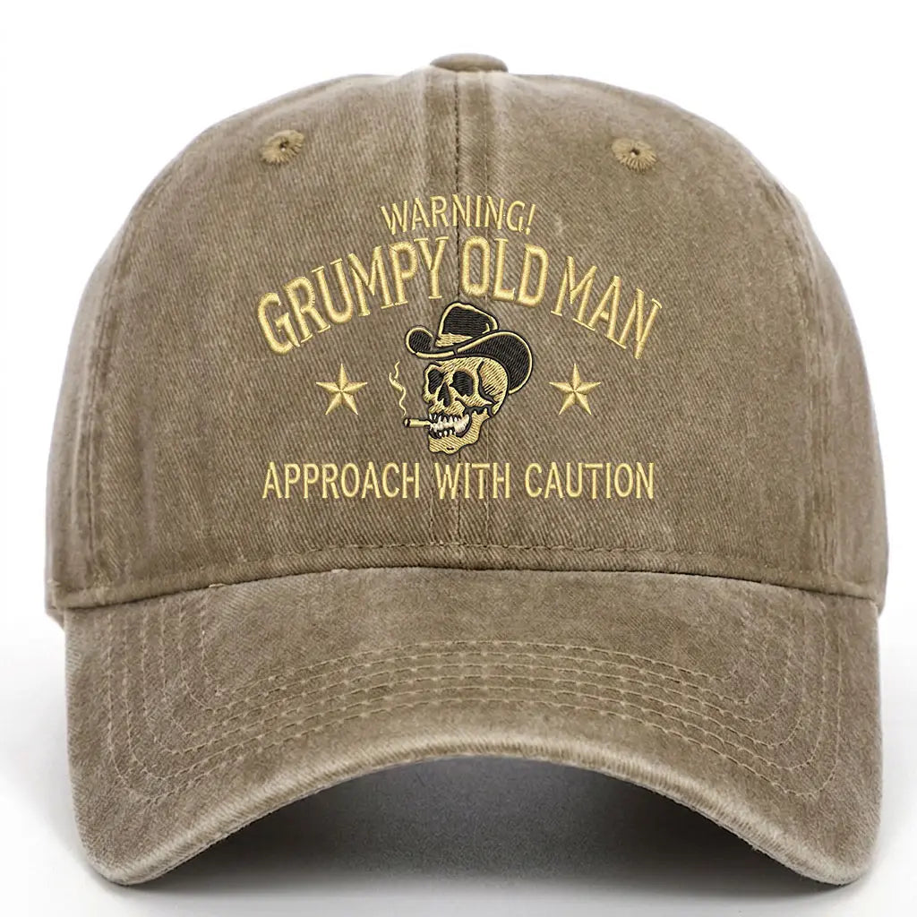 Grumpy Old Man Hat – Warning Approach with Caution Funny Baseball Cap, Vintage Washed Skull Dad Hat for Men
