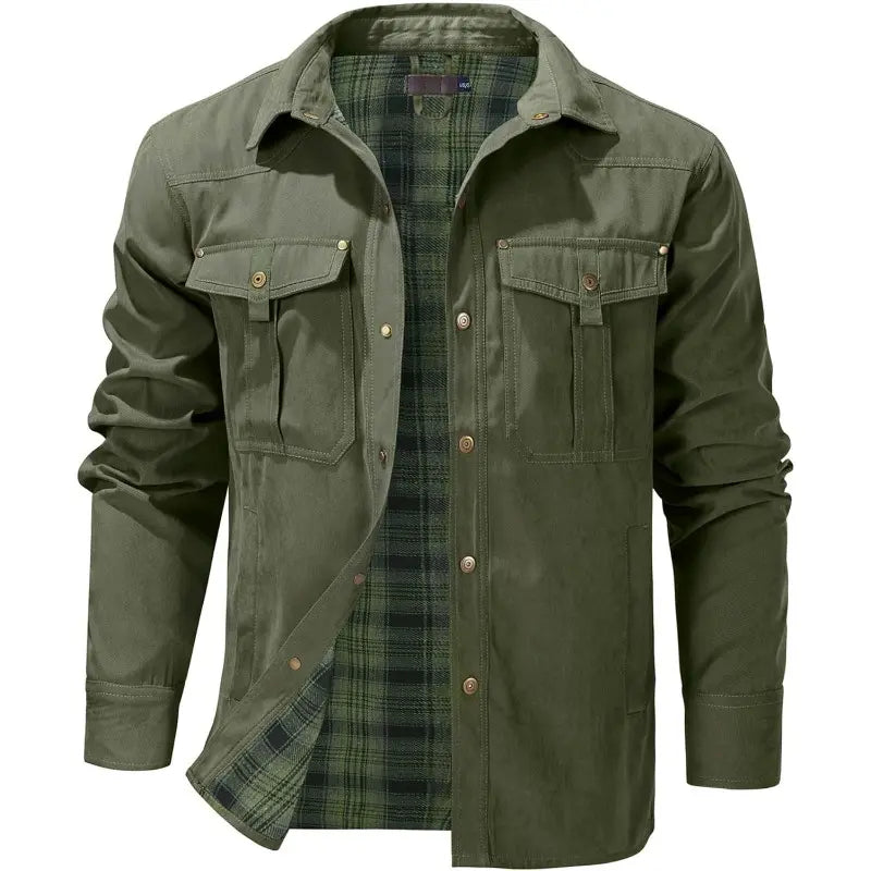 Men’s Plaid Lined Shirt Jacket – Western Workwear Button-Up Shacket with Utility Pockets, Casual Outdoor Jacket