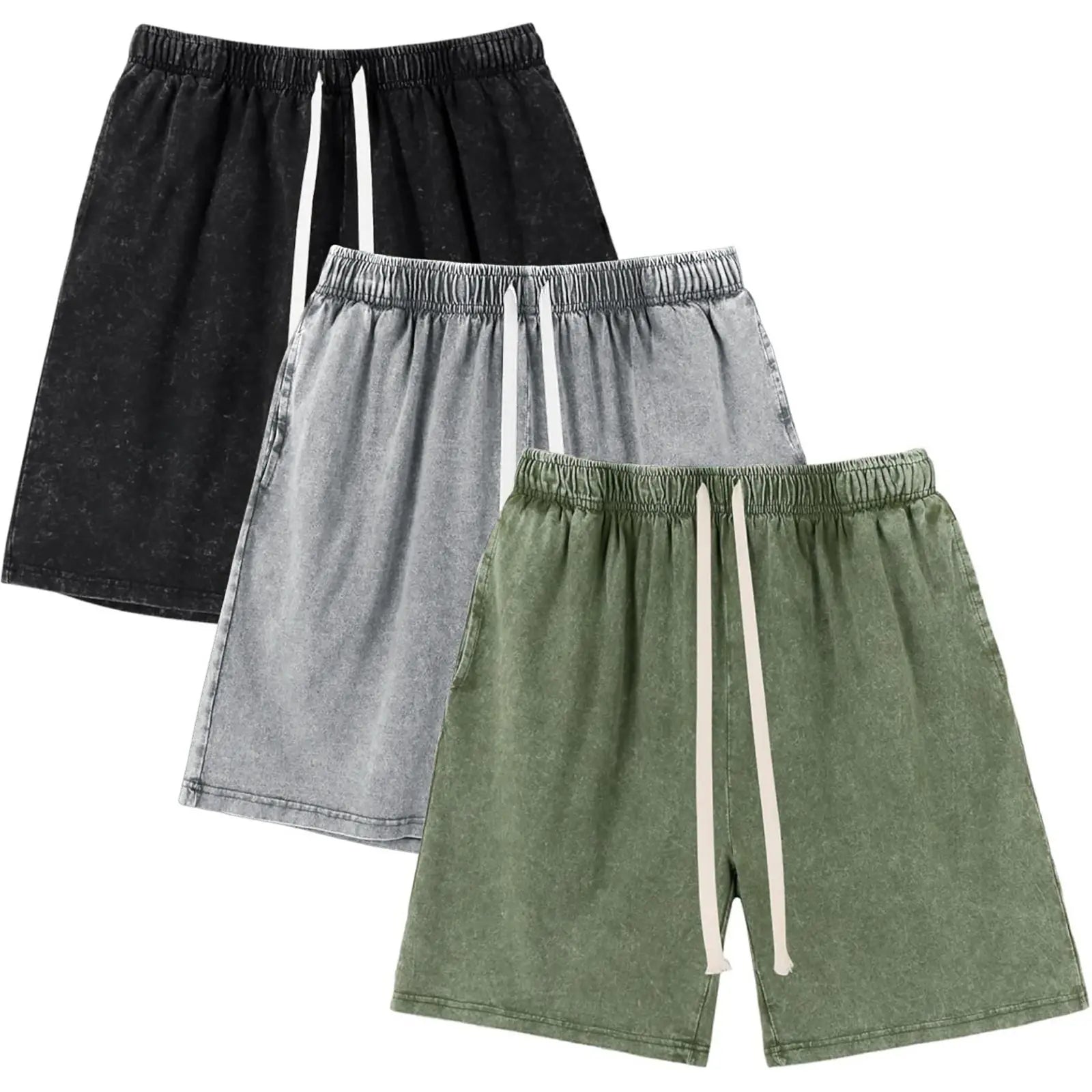Men's Vintage Washed Cotton Sweat Shorts – Elastic Waist Drawstring Athletic Shorts with Pockets for Gym & Casual Wear