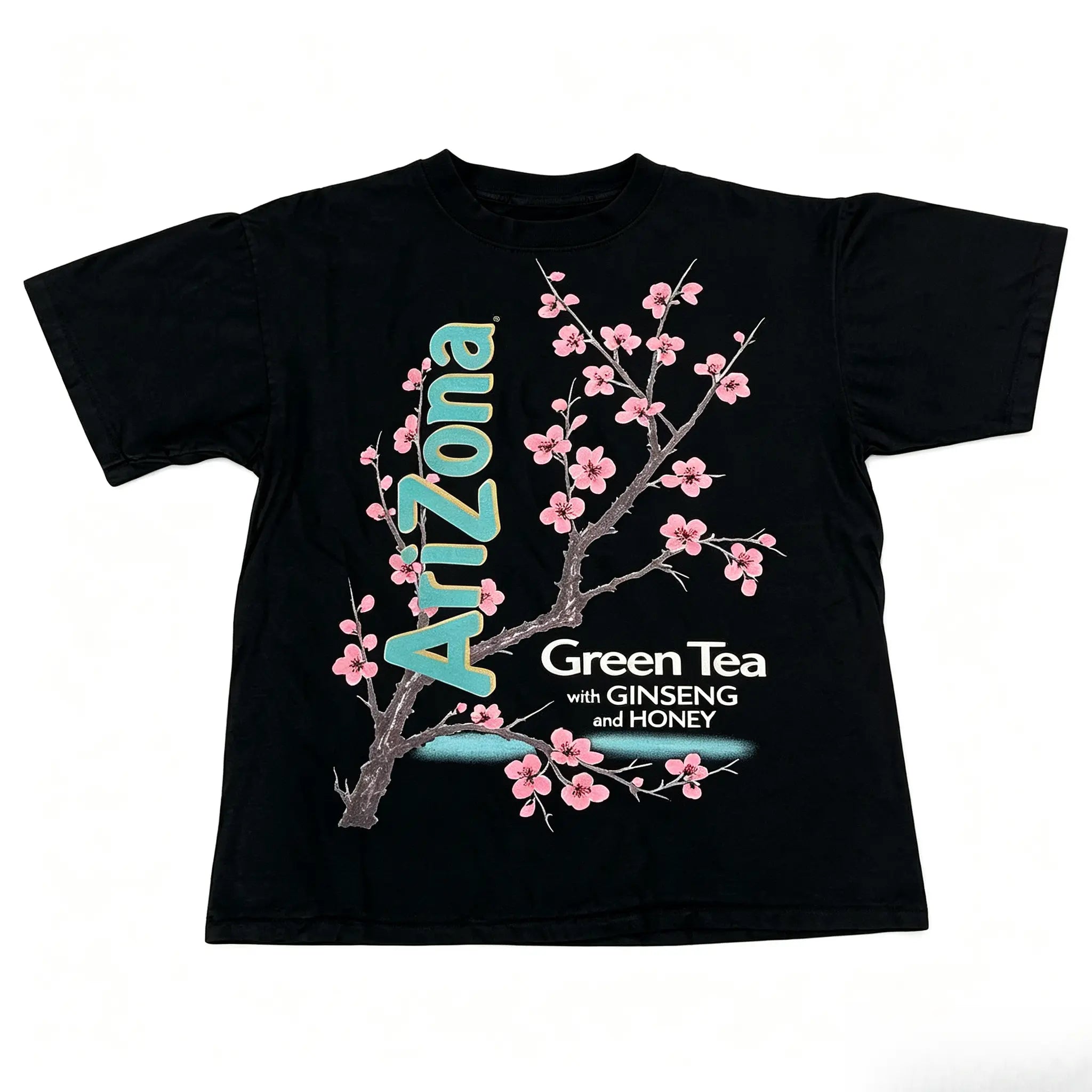 Vintage Cherry Blossom Green Tea Graphic T-Shirt/Sweatshirt/Hoodie – Retro Floral Beverage Print Streetwear Apparel