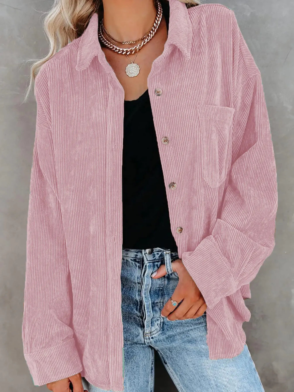 Women’s Oversized Corduroy Button-Down Shirt – Casual Long Sleeve Pocket Shacket with Drop Shoulder