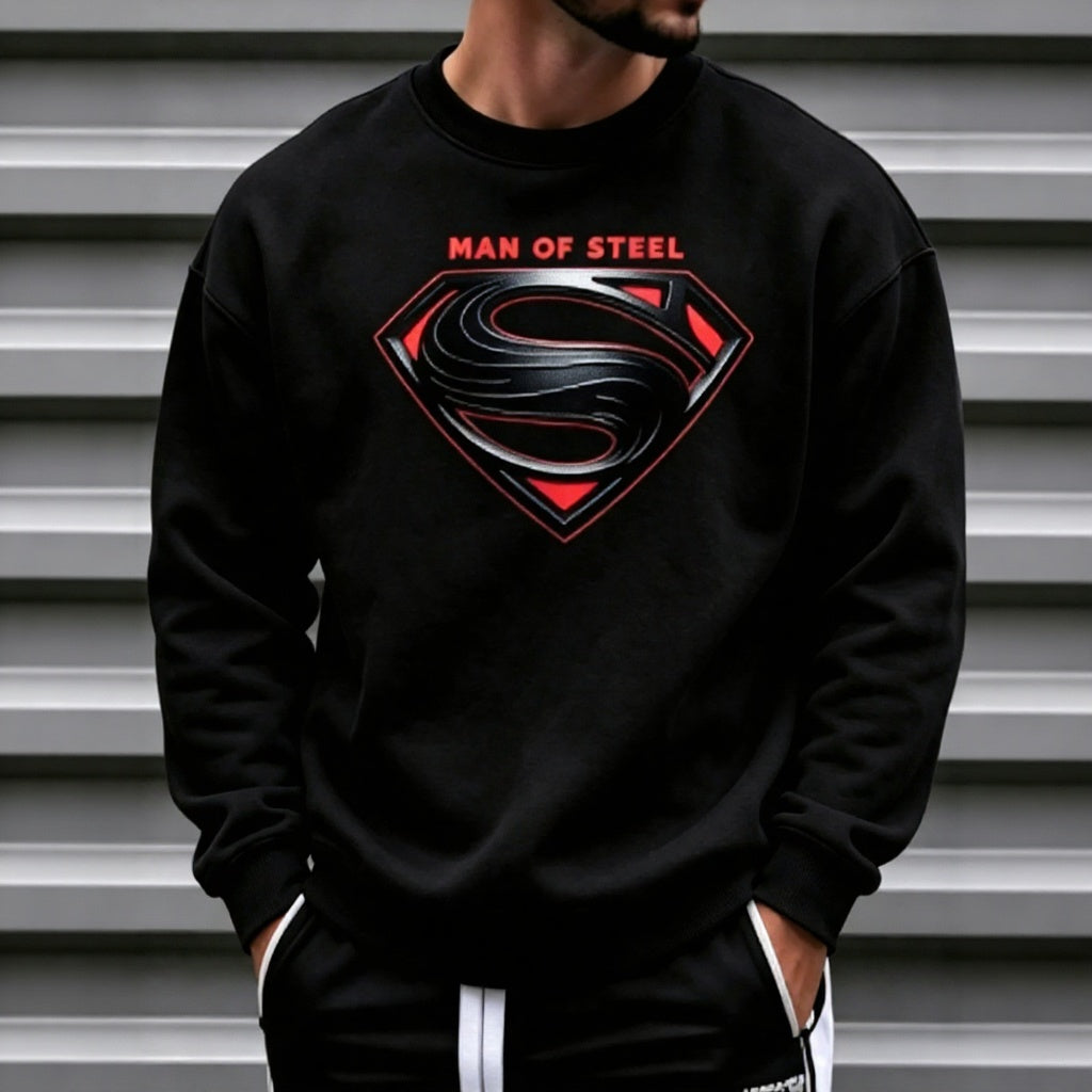 Man of Steel Graphic T-Shirt, Sweatshirt & Hoodie – Superhero Inspired S Shield Print, Retro Comic Streetwear Apparel