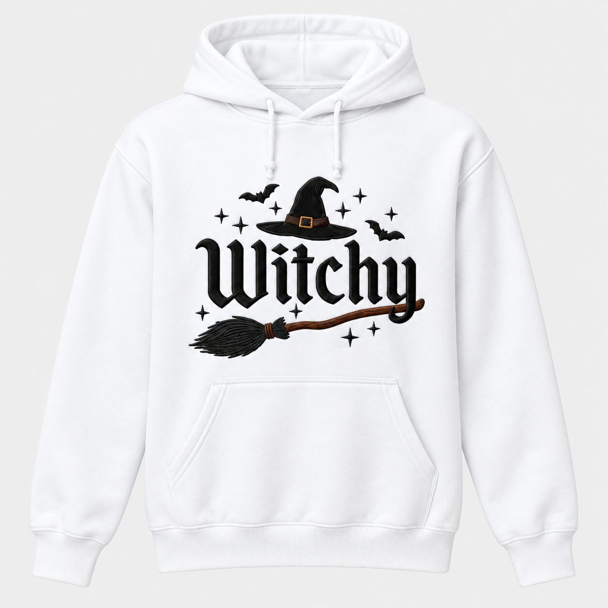Witchy Halloween Embroidered Sweatshirt & Hoodie, T-Shirt – Witch Hat, Broomstick & Bats Spooky Season Apparel
