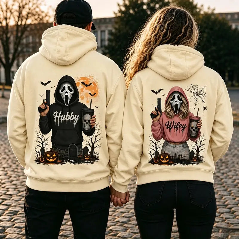 Hubby Wifey Halloween Couple Matching T-Shirt, Sweatshirt & Hoodie – Spooky Horror Matching Graphic Apparel