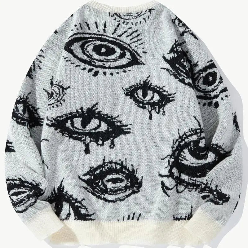Men’s All-Over Eye Graphic Knit Sweater – Gothic Y2K Crew Neck Pullover, Oversized Streetwear Sweater for Fall & Winter