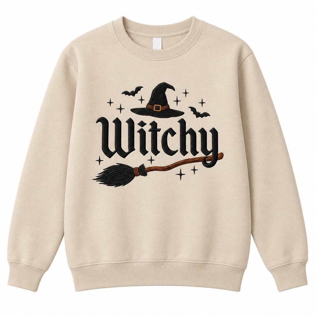 Witchy Halloween Embroidered Sweatshirt & Hoodie, T-Shirt – Witch Hat, Broomstick & Bats Spooky Season Apparel