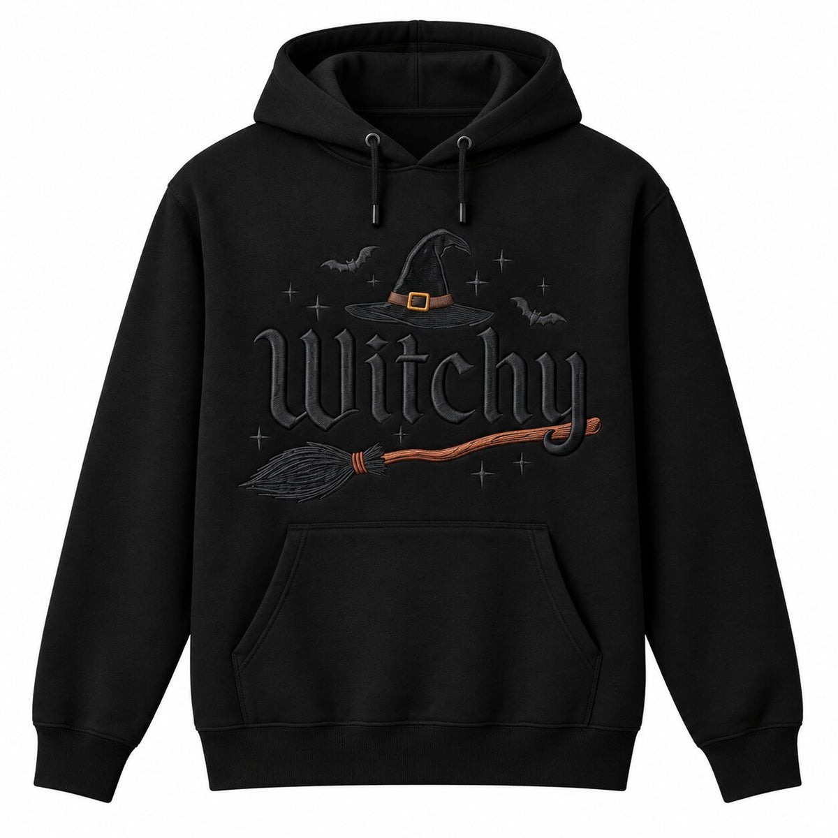 Witchy Halloween Embroidered Sweatshirt & Hoodie, T-Shirt – Witch Hat, Broomstick & Bats Spooky Season Apparel