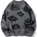 Men’s All-Over Eye Graphic Knit Sweater – Gothic Y2K Crew Neck Pullover, Oversized Streetwear Sweater for Fall & Winter