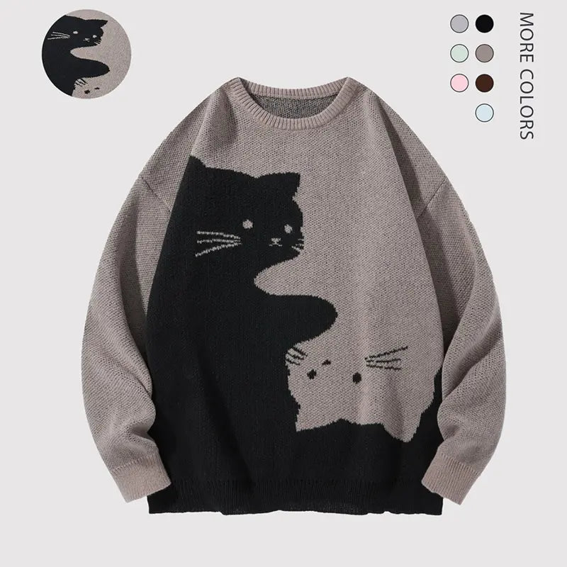 Funny Cat Graphic Knit Sweater – Oversized Crew Neck Pullover, Cute Black & White Cat Pattern Long Sleeve Knitwear, Casual Cozy Fall Winter Streetwear