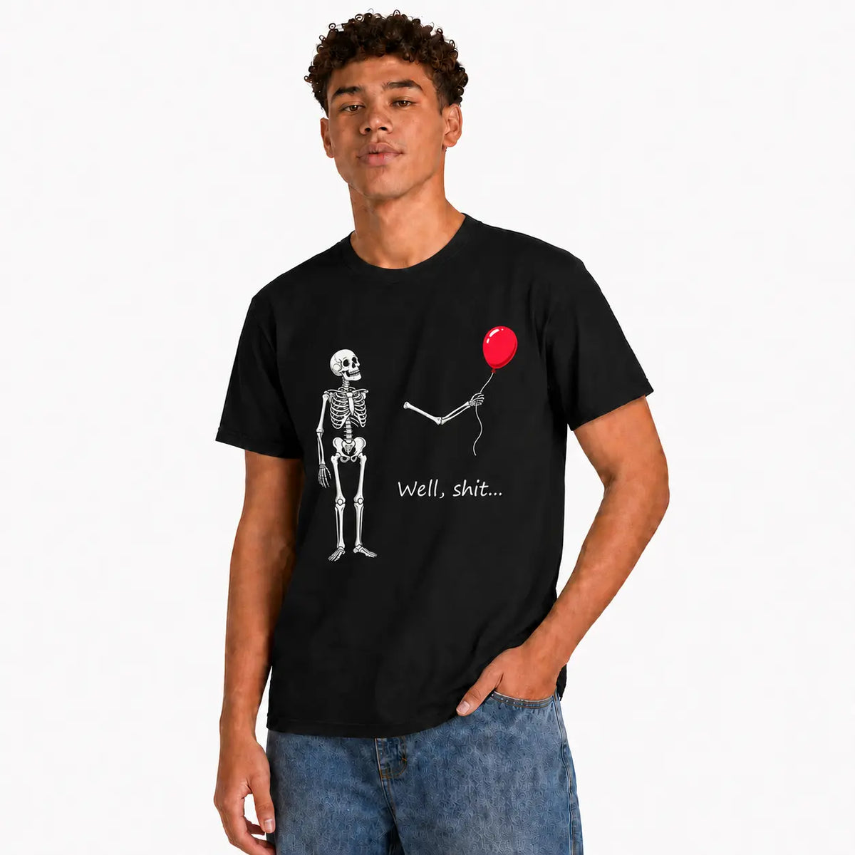 Well Shit Skeleton Balloon T-Shirt, Sweatshirt & Hoodie – Funny Dark Humor Skeleton Graphic, Red Balloon Halloween Design, Sarcastic Spooky Gift