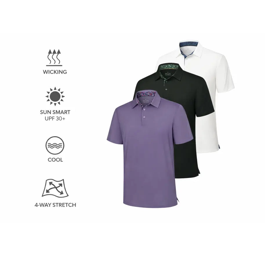 3-Pack Men’s Performance Polo Shirts – Short Sleeve UPF 30+ Golf Polos with 4-Way Stretch, Cooling & Moistur