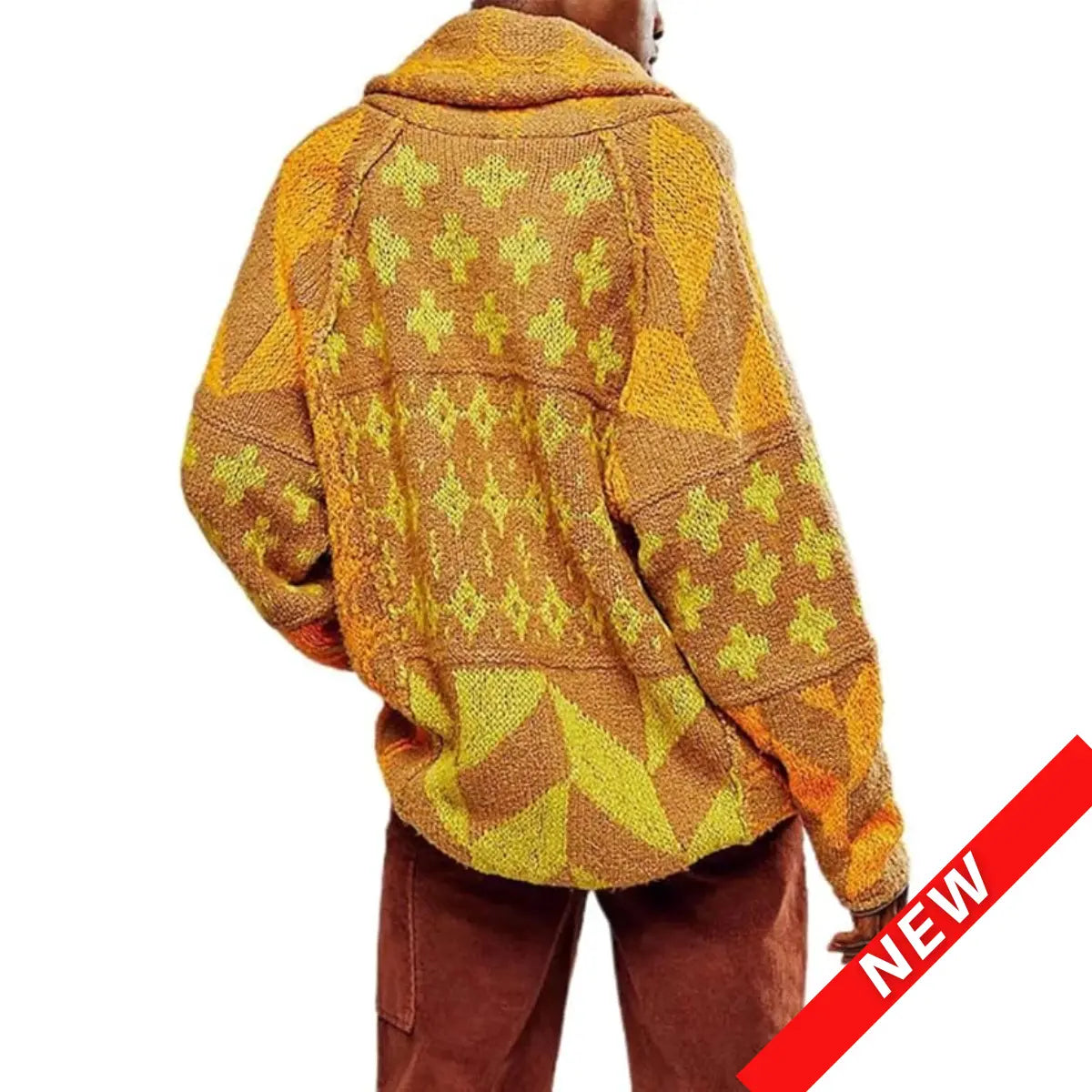 Unisex Oversized Patterned Knit Cardigan – Vintage Boho Button-Front Sweater, Relaxed Long Sleeve Casual Fall Streetwear