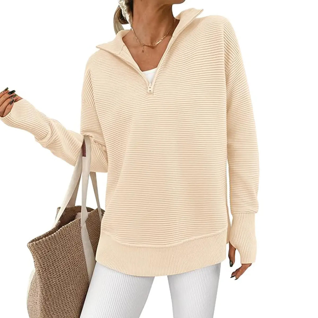 Women's Quarter Zip Ribbed Knit Pullover – Loose Fit Collared V Neck Sweater Top, Casual Long Sleeve Layering Shirt