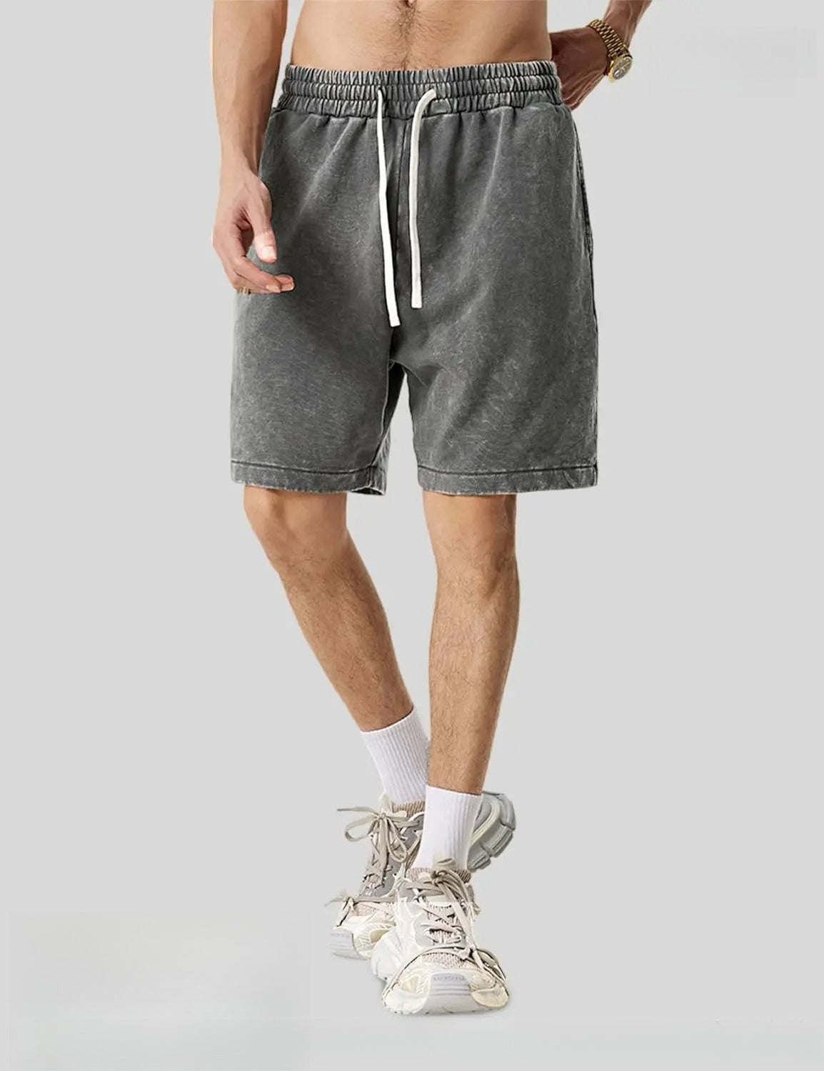 Men's Vintage Washed Cotton Sweat Shorts – Elastic Waist Drawstring Athletic Shorts with Pockets for Gym & Casual Wear